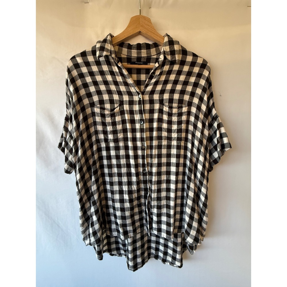 Madewell Womens Medium Black White Gingham Plaid Short Sleeve Button Down Shirt - Picture 2 of 6